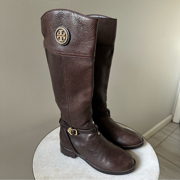 Tory Burch Teressa Brown Leather Equestrian Riding Boots Size 8 Logo Western - Picture 1 of 13